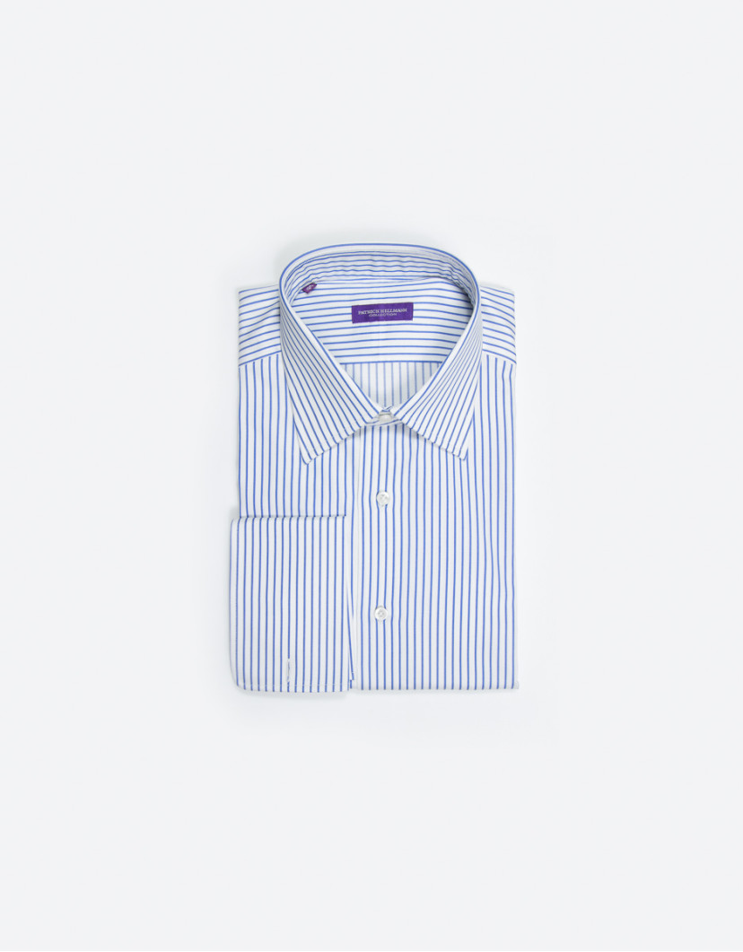Patrick Hellmann Collection White Shirt With Blue Stripes Cuff For Cufflinks image
